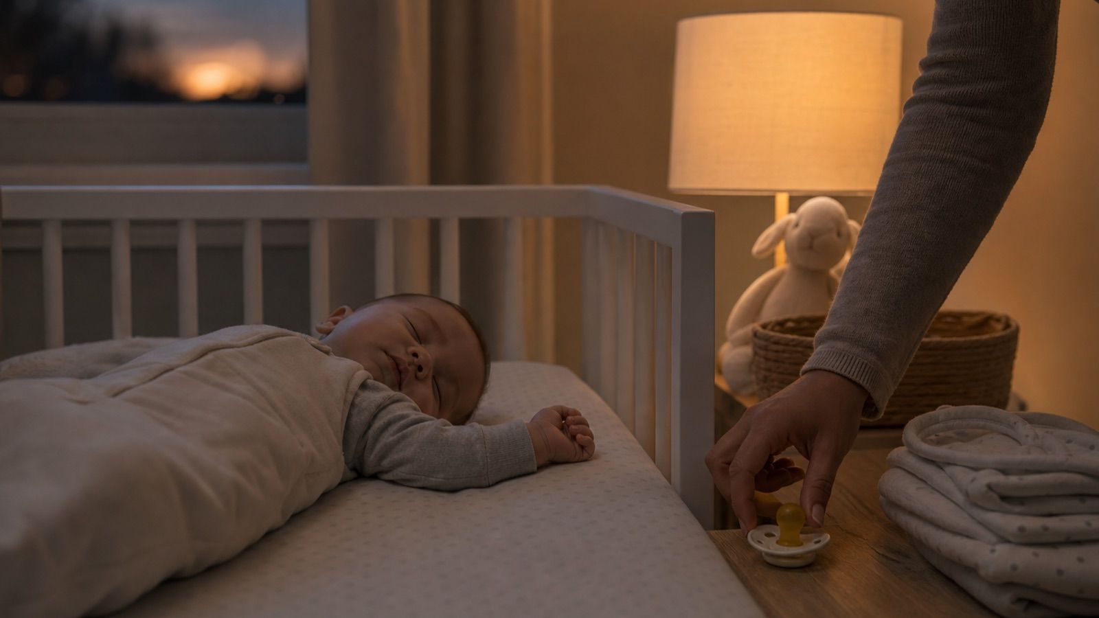 Mesita de noche en una habitación infantil con chupete, luz cálida y cuna desenfocada