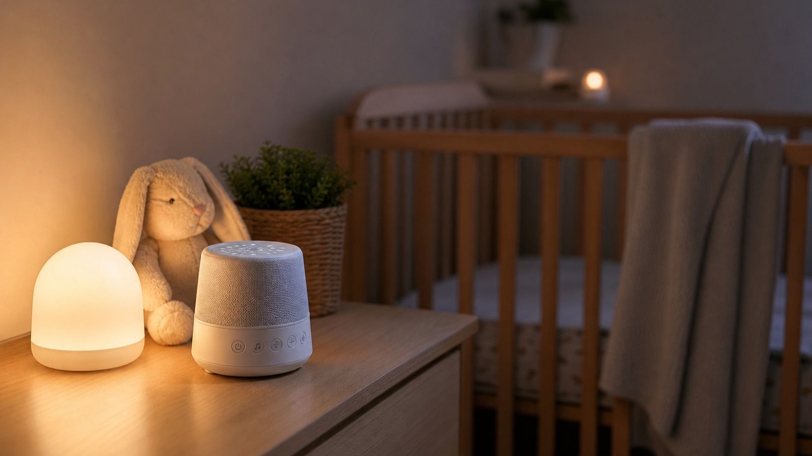 Máquina genérica de ruido blanco en una mesita de habitación infantil con luz tenue