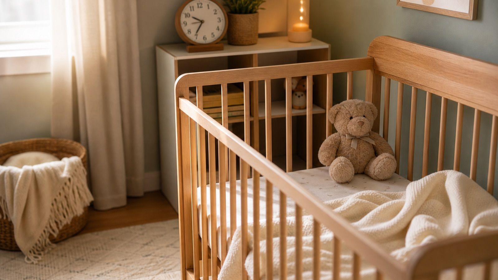 Habitación de bebé con cuna, manta clara y un reloj pequeño sobre una repisa