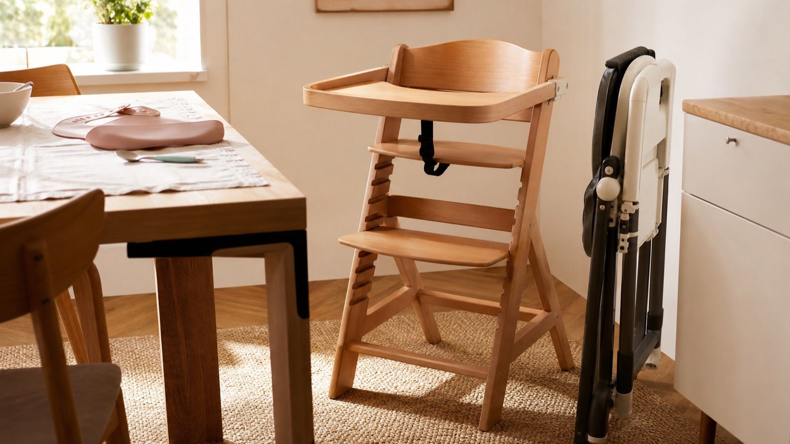 Trona de bebé genérica en una cocina luminosa junto a una mesa con cuchara y babero