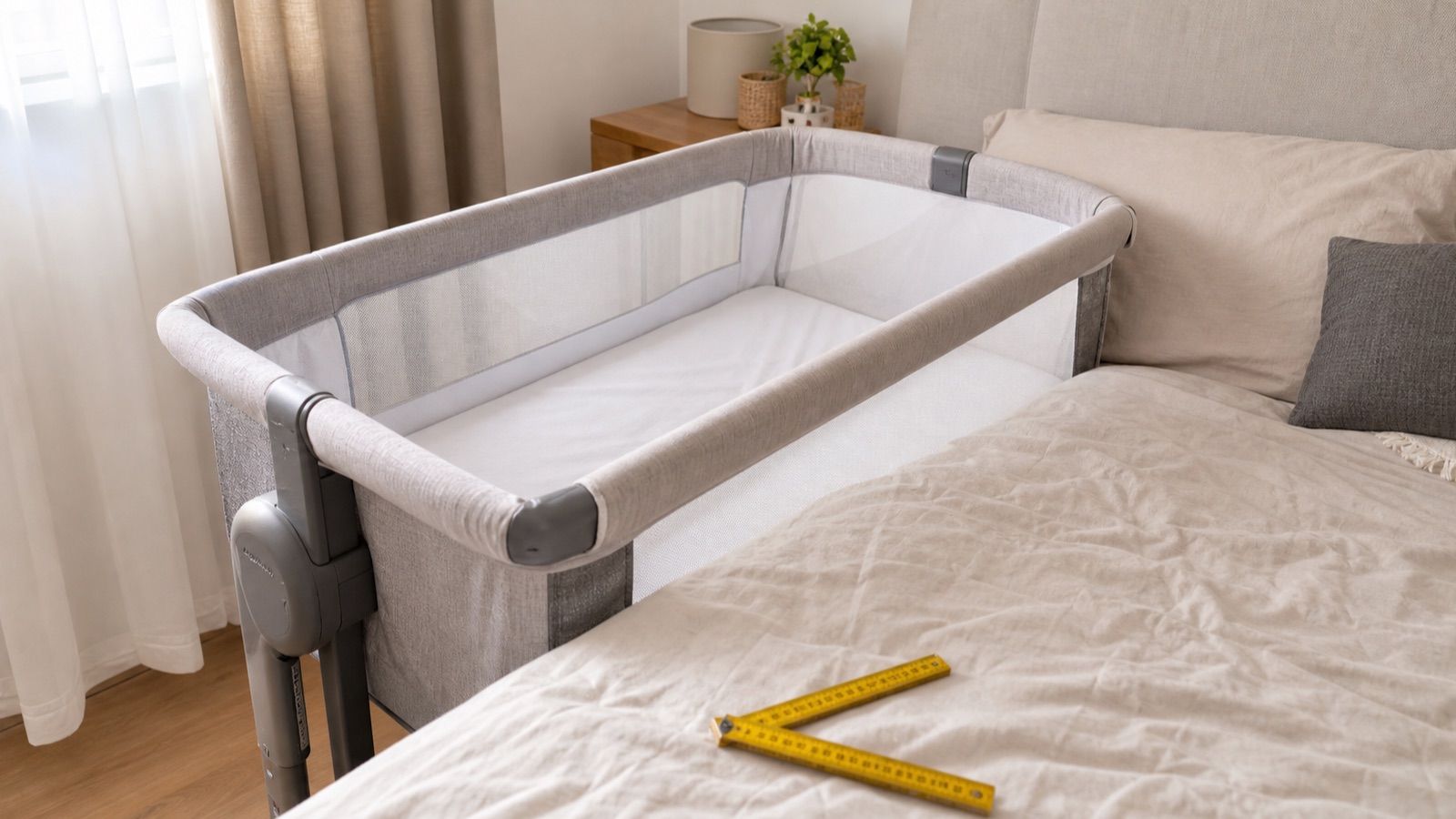 Cuna colecho genérica junto a una cama adulta con sábanas claras y cinta métrica
